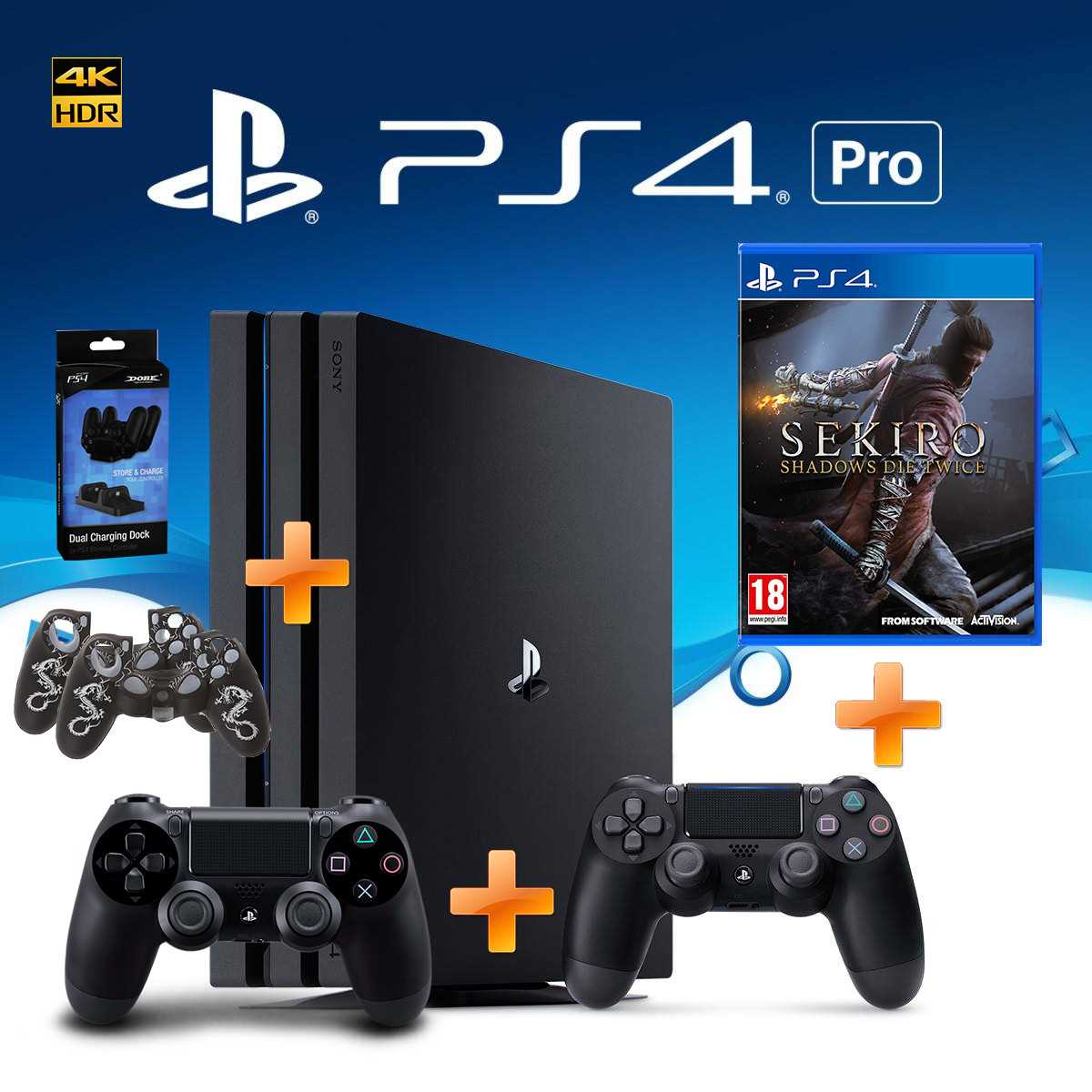 Playstation 4 Pro 1TB + שלט נוסף + משחק Sekiro + מטען זוגי ומגנים לשלטים