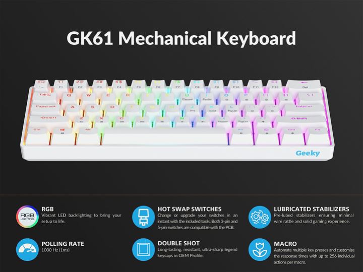 מקלדת גיימינג מכנית GEEKY GK61 - סוויצ'ים אדומים